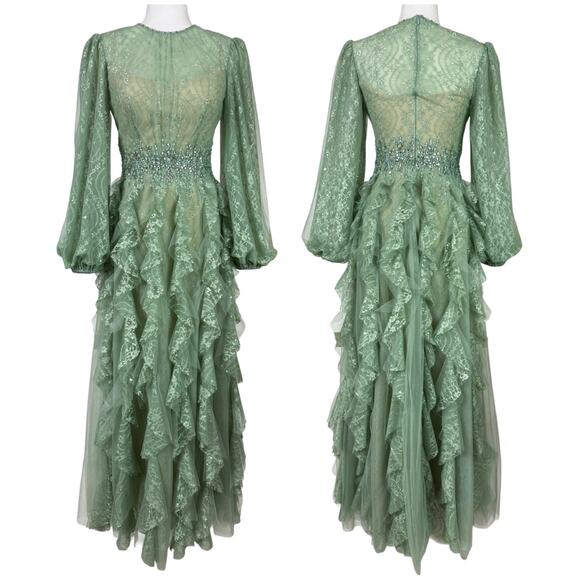 Mac Duggal NWT High Neck Fully Laced Embellished Cascading Ruffle Gown Size 2 - Picture 1 of 8
